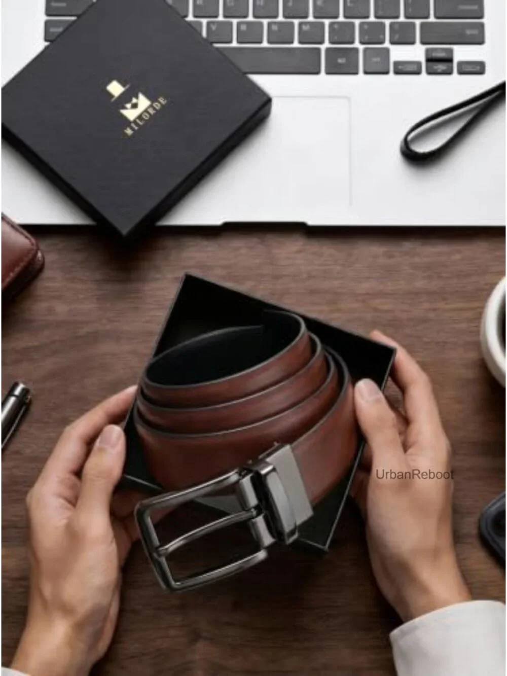 Reversible Leather Belt with Zinc Buckle for Men, Adjustable